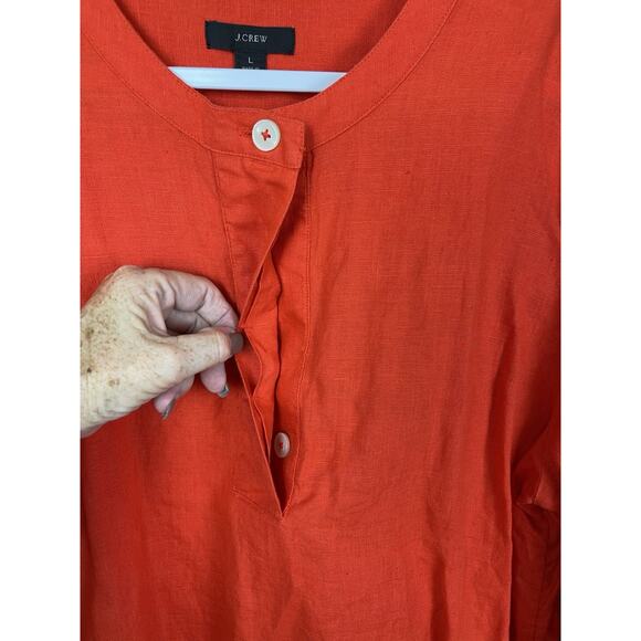 J Crew Linen Tunic Top Orange 1/4 Button 3/4 Sleeve Women's Size L - Picture 4 of 16